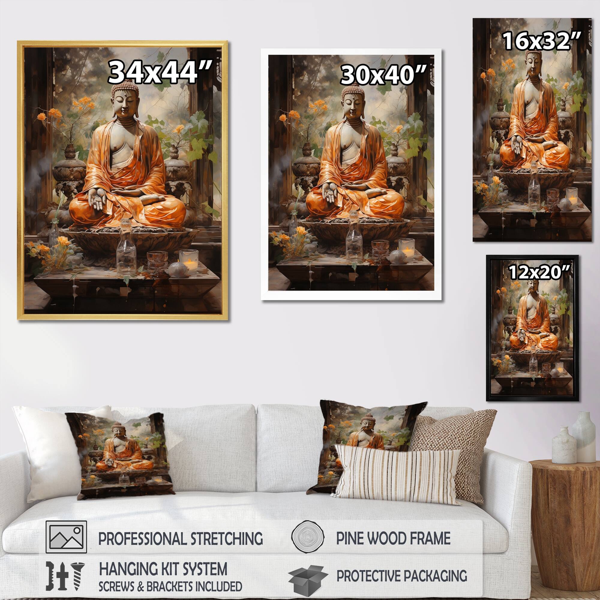 Designart "Orange Grey Buddhist Art Buddhas Gesture" Buddhism Framed Canvas Wall Art Bed Bath